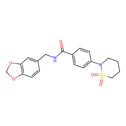 N-(1,3-benzodioxol-5-ylmethyl)-4-(1,1-dioxothiazinan-2-yl)benzamide structure