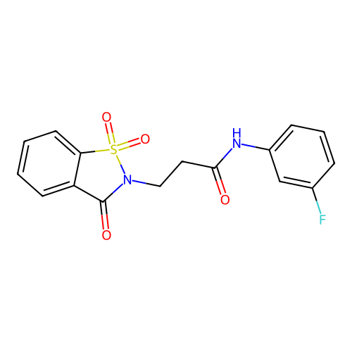 3-(1,1-dioxido-3-oxobenzo[d]isothiazol-2(3H)-yl)-N-(3-fluorophenyl)propanamide structure