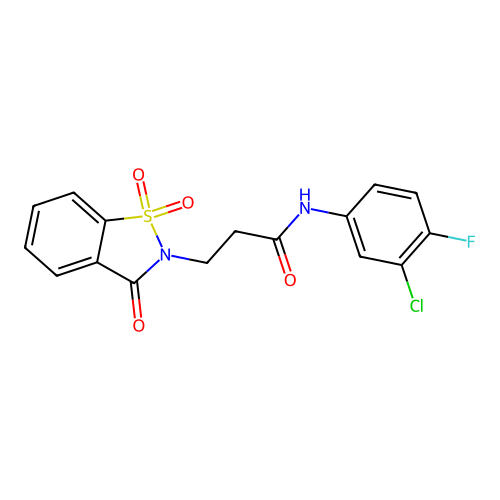 N-(3-chloro-4-fluorophenyl)-3-(1,1,3-trioxo-1,2-benzothiazol-2-yl)propanamide structure