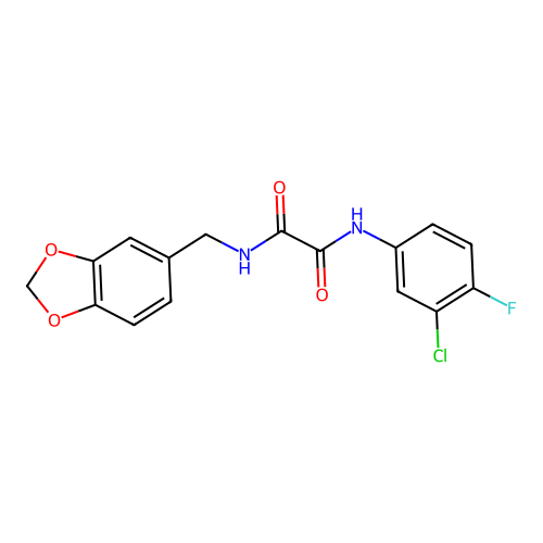 N-(1,3-benzodioxol-5-ylmethyl)-N'-(3-chloro-4-fluorophenyl)oxamide structure