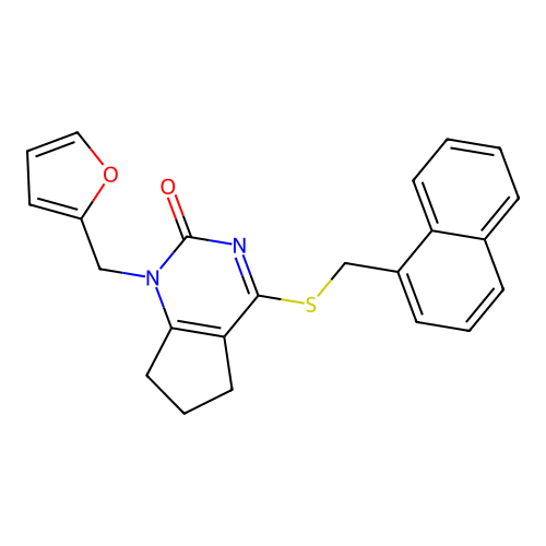 1-[(furan-2-yl)methyl]-4-{[(naphthalen-1-yl)methyl]sulfanyl}-1H,2H,5H,6H,7H-cyclopenta[d]pyrimidin-2-one structure