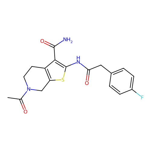6-acetyl-2-[2-(4-fluorophenyl)acetamido]-4H,5H,6H,7H-thieno[2,3-c]pyridine-3-carboxamide structure