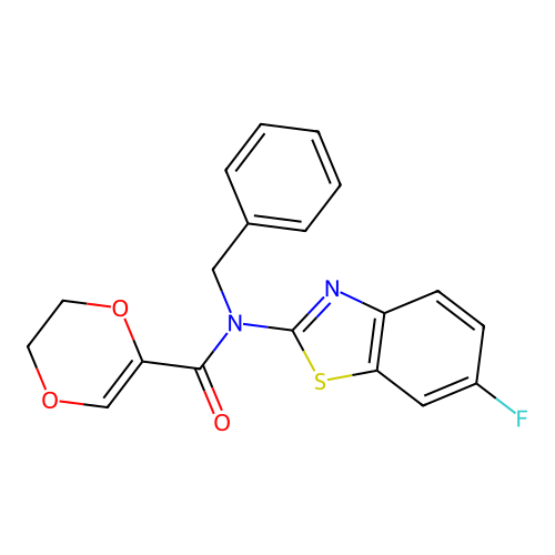 N-benzyl-N-(6-fluorobenzo[d]thiazol-2-yl)-5,6-dihydro-1,4-dioxine-2-carboxamide structure
