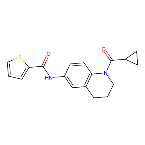 N-[1-(cyclopropanecarbonyl)-3,4-dihydro-2H-quinolin-6-yl]thiophene-2-carboxamide structure