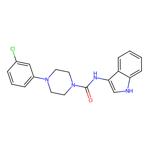 4-(3-chlorophenyl)-N-(1H-indol-3-yl)piperazine-1-carboxamide structure