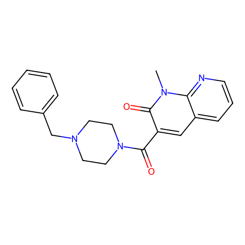 3-(4-benzylpiperazine-1-carbonyl)-1-methyl-1,8-naphthyridin-2(1H)-one structure