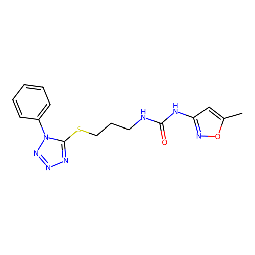 1-(5-methylisoxazol-3-yl)-3-(3-((1-phenyl-1H-tetrazol-5-yl)thio)propyl)urea structure