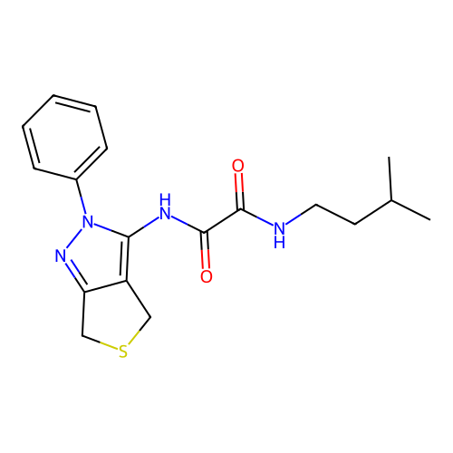 N-(3-methylbutyl)-N'-(2-phenyl-4,6-dihydrothieno[3,4-c]pyrazol-3-yl)oxamide structure