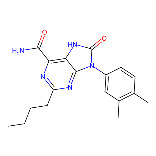 2-butyl-9-(3,4-dimethylphenyl)-8-oxo-8,9-dihydro-7H-purine-6-carboxamide structure