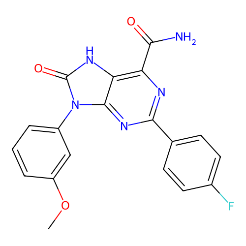 2-(4-fluorophenyl)-9-(3-methoxyphenyl)-8-oxo-8,9-dihydro-7H-purine-6-carboxamide structure