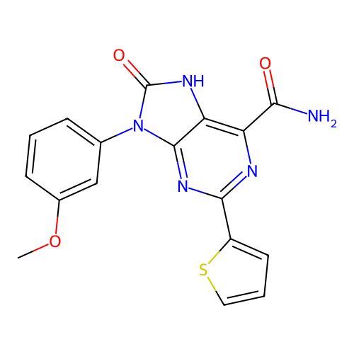 9-(3-methoxyphenyl)-8-oxo-2-(thiophen-2-yl)-8,9-dihydro-7H-purine-6-carboxamide structure