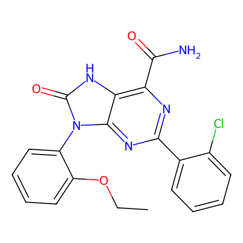 2-(2-chlorophenyl)-9-(2-ethoxyphenyl)-8-oxo-8,9-dihydro-7H-purine-6-carboxamide structure
