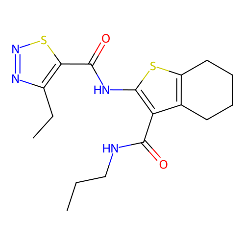 4-ethyl-N-(3-(propylcarbamoyl)-4,5,6,7-tetrahydrobenzo[b]thiophen-2-yl)-1,2,3-thiadiazole-5-carboxamide structure