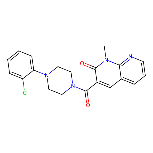3-(4-(2-chlorophenyl)piperazine-1-carbonyl)-1-methyl-1,8-naphthyridin-2(1H)-one structure