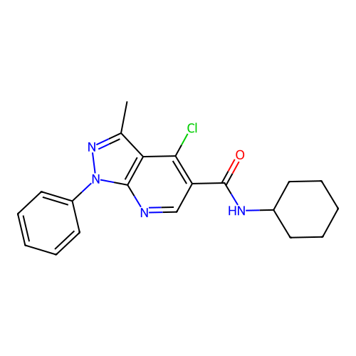 4-chloro-N-cyclohexyl-3-methyl-1-phenylpyrazolo[3,4-b]pyridine-5-carboxamide structure