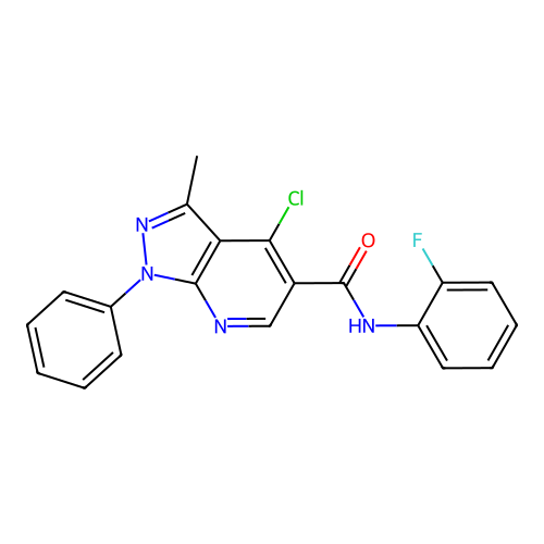 4-chloro-N-(2-fluorophenyl)-3-methyl-1-phenyl-1H-pyrazolo[3,4-b]pyridine-5-carboxamide structure