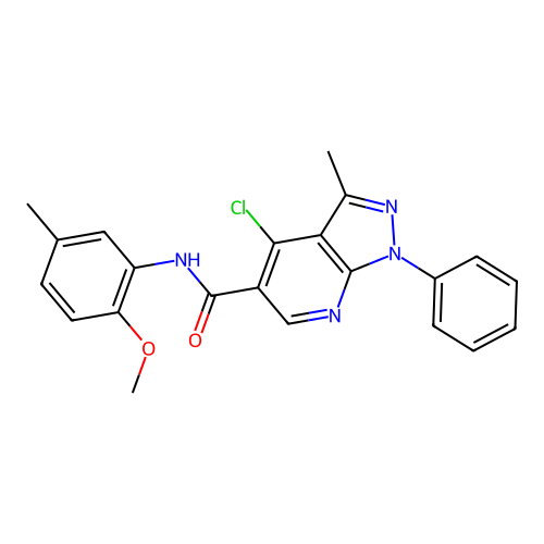 4-chloro-N-(2-methoxy-5-methylphenyl)-3-methyl-1-phenyl-1H-pyrazolo[3,4-b]pyridine-5-carboxamide structure