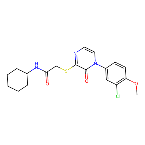 2-[4-(3-chloro-4-methoxyphenyl)-3-oxopyrazin-2-yl]sulfanyl-N-cyclohexylacetamide structure