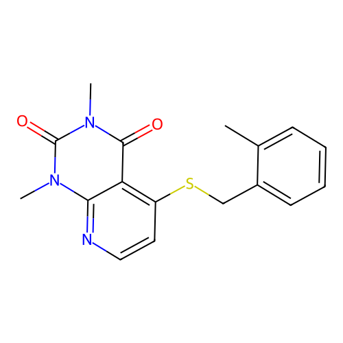 1,3-Dimethyl-5-[(2-methylphenyl)methylsulfanyl]pyrido[2,3-d]pyrimidine-2,4-dione structure