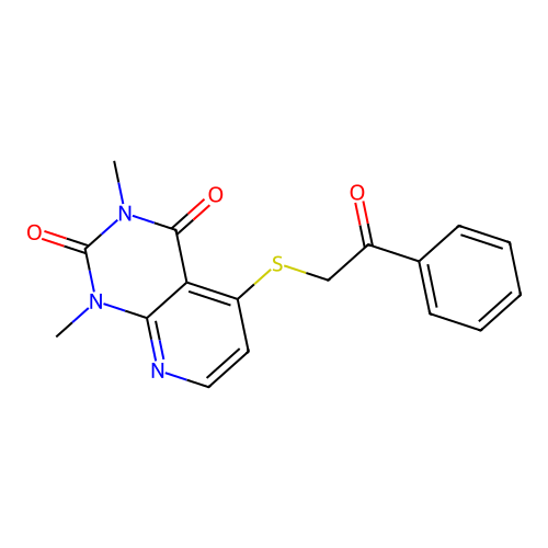1,3-Dimethyl-5-phenacylsulfanylpyrido[2,3-d]pyrimidine-2,4-dione structure