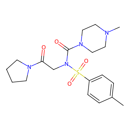 4-methyl-N-(2-oxo-2-(pyrrolidin-1-yl)ethyl)-N-tosylpiperazine-1-carboxamide structure