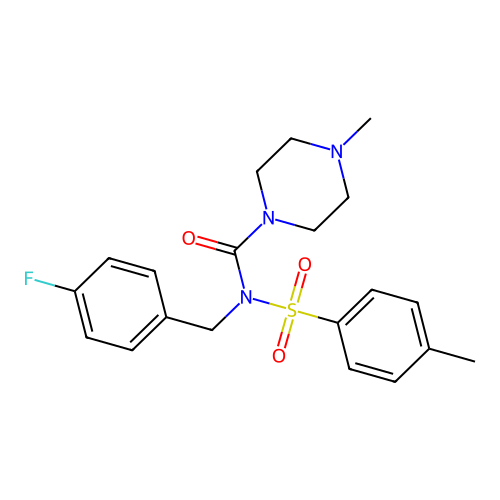 N-(4-fluorobenzyl)-4-methyl-N-tosylpiperazine-1-carboxamide structure