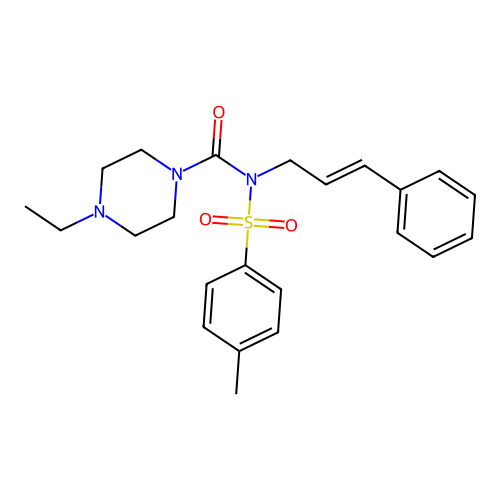 N-cinnamyl-4-ethyl-N-tosylpiperazine-1-carboxamide structure