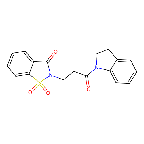 2-(3-(indolin-1-yl)-3-oxopropyl)benzo[d]isothiazol-3(2H)-one 1,1-dioxide structure