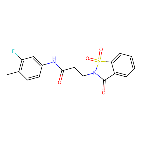 N-(3-fluoro-4-methylphenyl)-3-(1,1,3-trioxo-2,3-dihydro-1lambda6,2-benzothiazol-2-yl)propanamide structure