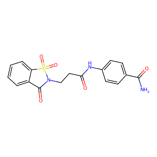 4-(3-(1,1-dioxido-3-oxobenzo[d]isothiazol-2(3H)-yl)propanamido)benzamide structure