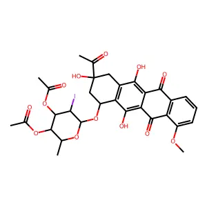 [4-acetyloxy-6-[(3-acetyl-3,5,12-trihydroxy-10-methoxy-6,11-dioxo-2,4-dihydro-1H-tetracen-1-yl)oxy]-5-iodo-2-methyloxan-3-yl] acetate structure