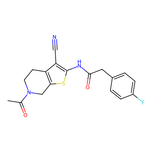 N-(6-acetyl-3-cyano-4,5,6,7-tetrahydrothieno[2,3-c]pyridin-2-yl)-2-(4-fluorophenyl)acetamide structure
