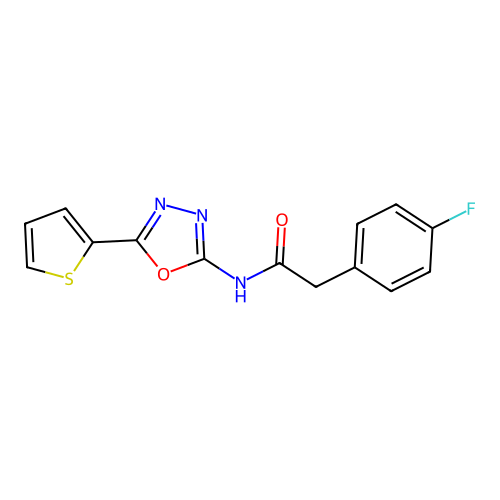 2-(4-fluorophenyl)-N-(5-(thiophen-2-yl)-1,3,4-oxadiazol-2-yl)acetamide structure
