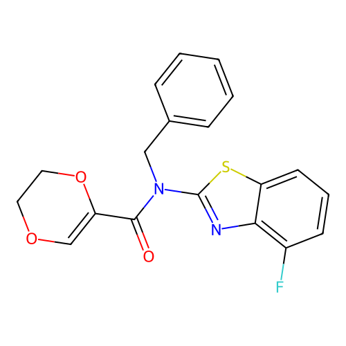 N-benzyl-N-(4-fluorobenzo[d]thiazol-2-yl)-5,6-dihydro-1,4-dioxine-2-carboxamide structure