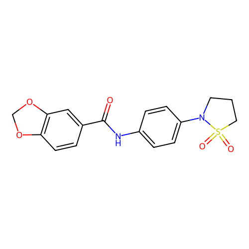 N-(4-(1,1-dioxidoisothiazolidin-2-yl)phenyl)benzo[d][1,3]dioxole-5-carboxamide structure