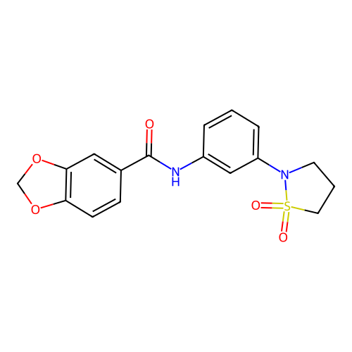 N-(3-(1,1-dioxidoisothiazolidin-2-yl)phenyl)benzo[d][1,3]dioxole-5-carboxamide structure