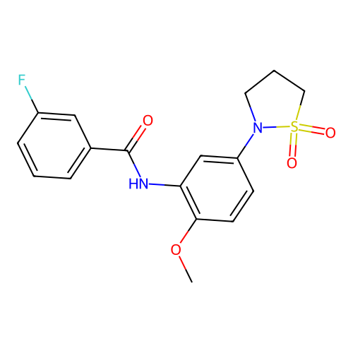 N-(5-(1,1-dioxidoisothiazolidin-2-yl)-2-methoxyphenyl)-3-fluorobenzamide structure