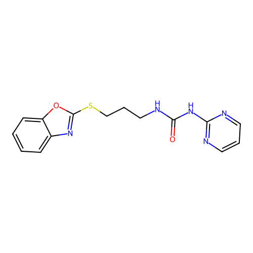 1-(3-(Benzo[d]oxazol-2-ylthio)propyl)-3-(pyrimidin-2-yl)urea structure