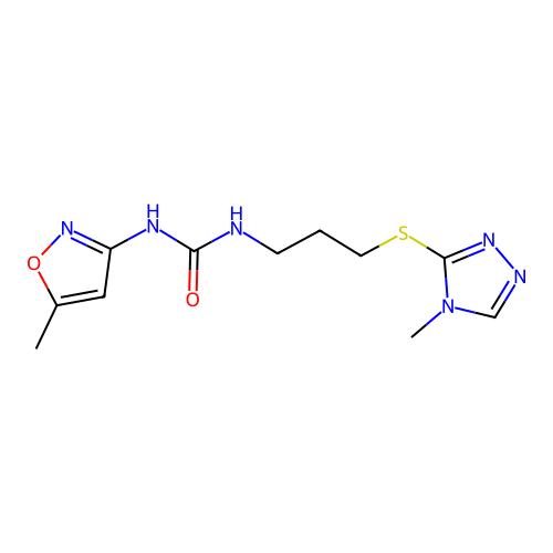1-(3-((4-methyl-4H-1,2,4-triazol-3-yl)thio)propyl)-3-(5-methylisoxazol-3-yl)urea structure