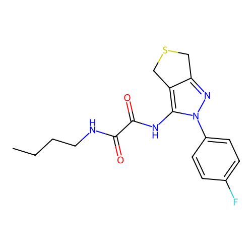 N-butyl-N'-[2-(4-fluorophenyl)-4,6-dihydrothieno[3,4-c]pyrazol-3-yl]oxamide structure