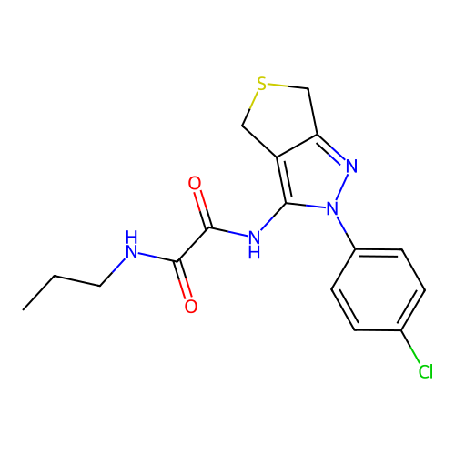 N'-[2-(4-chlorophenyl)-4,6-dihydrothieno[3,4-c]pyrazol-3-yl]-N-propyloxamide structure