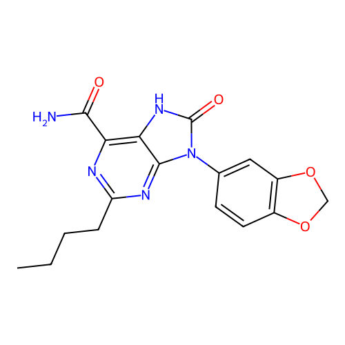 9-(benzo[d][1,3]dioxol-5-yl)-2-butyl-8-oxo-8,9-dihydro-7H-purine-6-carboxamide structure