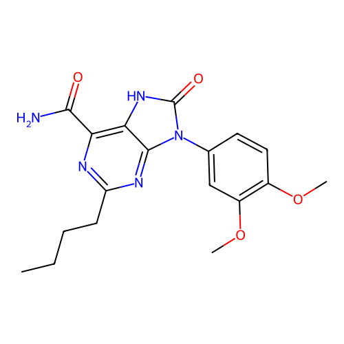 2-butyl-9-(3,4-dimethoxyphenyl)-8-oxo-8,9-dihydro-7H-purine-6-carboxamide structure