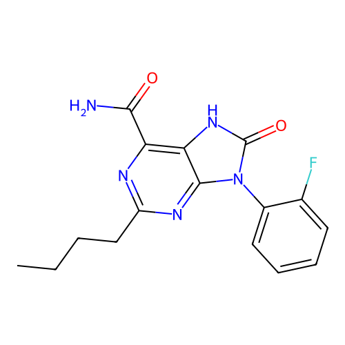 2-butyl-9-(2-fluorophenyl)-8-oxo-8,9-dihydro-7H-purine-6-carboxamide structure