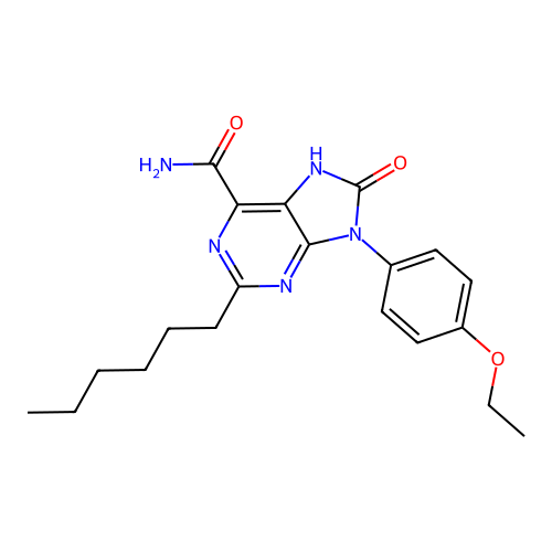 9-(4-ethoxyphenyl)-2-hexyl-8-oxo-8,9-dihydro-7H-purine-6-carboxamide structure