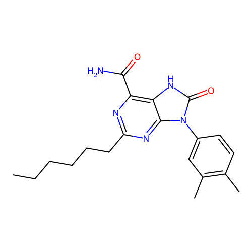 9-(3,4-dimethylphenyl)-2-hexyl-8-oxo-8,9-dihydro-7H-purine-6-carboxamide structure