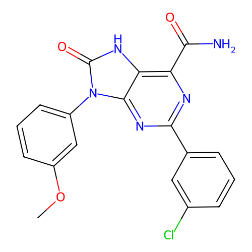 2-(3-chlorophenyl)-9-(3-methoxyphenyl)-8-oxo-8,9-dihydro-7H-purine-6-carboxamide structure