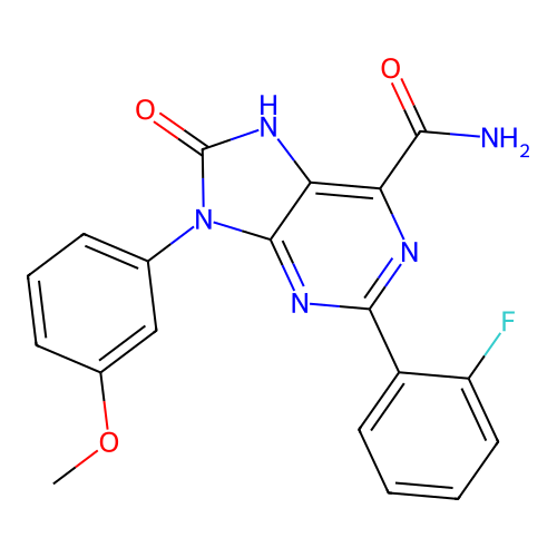 2-(2-fluorophenyl)-9-(3-methoxyphenyl)-8-oxo-8,9-dihydro-7H-purine-6-carboxamide structure