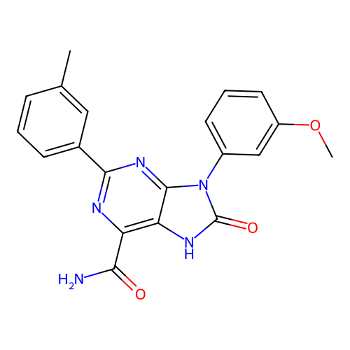 9-(3-methoxyphenyl)-2-(3-methylphenyl)-8-oxo-8,9-dihydro-7H-purine-6-carboxamide structure