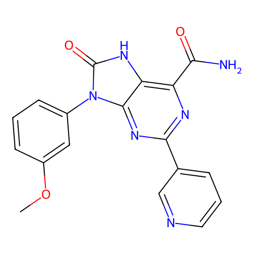 9-(3-methoxyphenyl)-8-oxo-2-(pyridin-3-yl)-8,9-dihydro-7H-purine-6-carboxamide structure